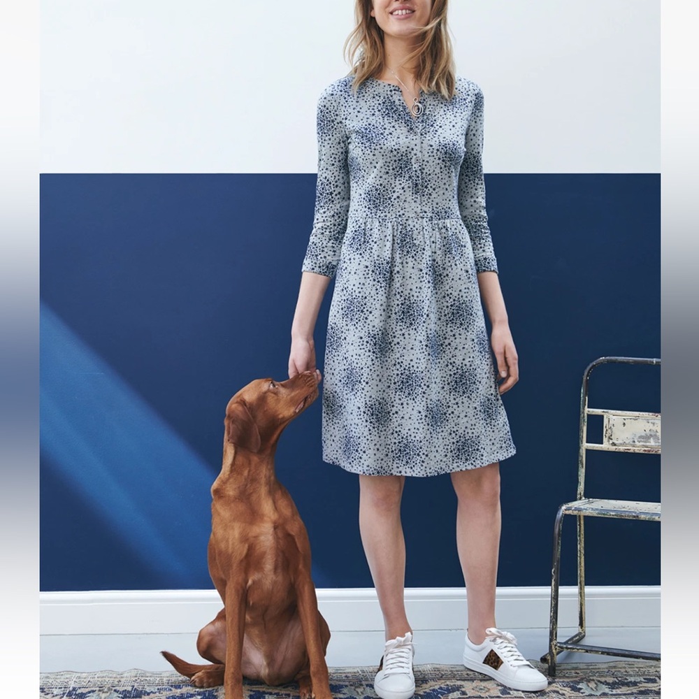 Boden Briar Jersey A-Line Dress Size Gray Blue Printed 3/4 Sleeve Pockets